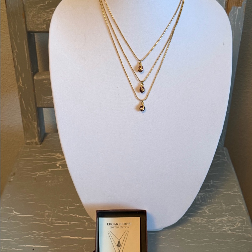 Edgar Berebi Elegant Gold Triple-Layer Necklace with Burgundy Enamel Accents